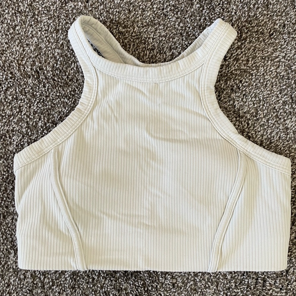 Ribbed Nulu High-Neck Sports Bra - Cream | Size 8